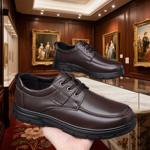 Premium Genuine Leather Classic Men's Business Casual Shoes, Formal Loafers for Driving and Outings, Solid Color Genuine Leather with Lychee Pattern Upper, Lace-Up Design, Wearable in All Seasons, Thick Sole Durable Anti-Slip, 7 Sizes Available, Suitable for Business, Leisure, Weddings, Parties, Work, Travel, and Vacation - Image 4