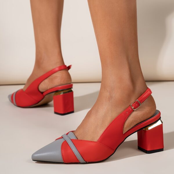 Women'S Classic Color-Block Pointed-Toe Mid-Heel Pumps with Ankle Strap - Comfortable Synthetic Cover Dress Shoes in Vibrant Colors (Red, Yellow, Green, Black, Orange, Teal) for All-Season Formal & Casual Wear, Versatile Heel Style, Durable Rubber Sole - Image 4
