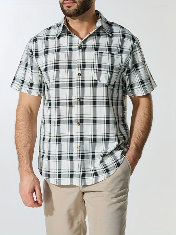 Men's Stylish Black & White Plaid Button-Up Shirt with Chest Pocket - Short Sleeve, Classic Collar, Casual Summer Wear, Polyester Fabric, Mature Design