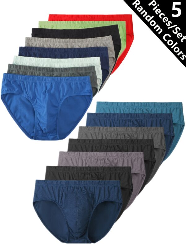 5pcs Men's Solid Color Breathable Cotton Mid-Waist Briefs, Comfortable Everyday Underwear - Random Colors - Image 9