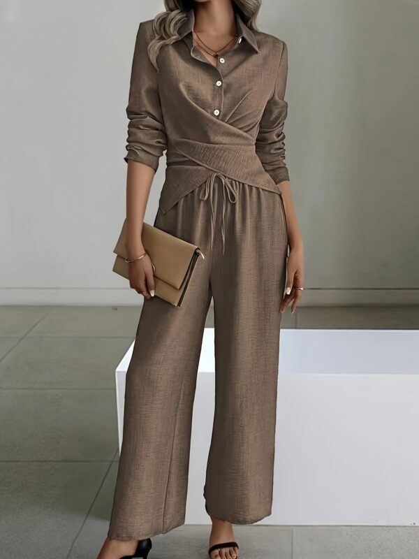 Elegant Minimalist Short-Hem Top and Wide-Leg Pants Set for Women - Button Detail, Polyester, Brown, Casual Outfit|Minimalist Outfit|Button Detailing, High Waisted Pants - Image 7