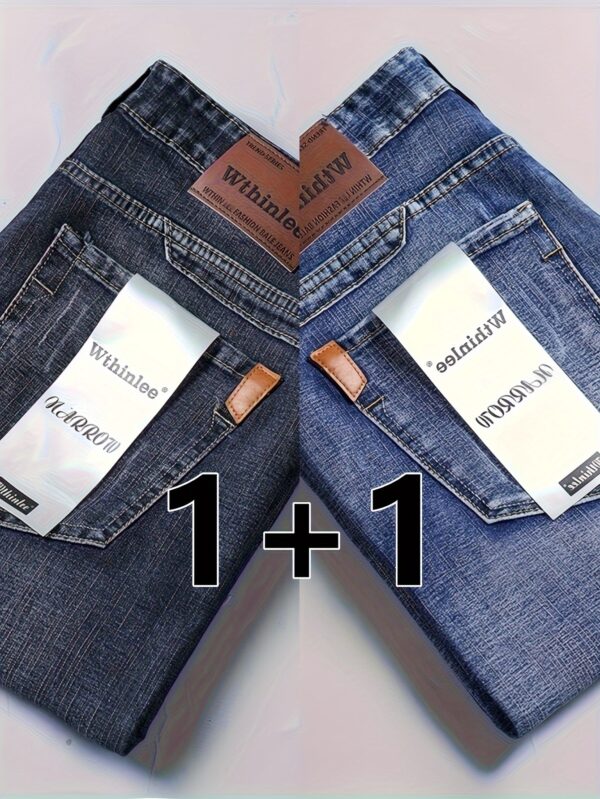 2 Pcs Men's Solid Denim Pants With Pockets, Formal Cotton Blend Jeans For Outdoor Activities - Image 4