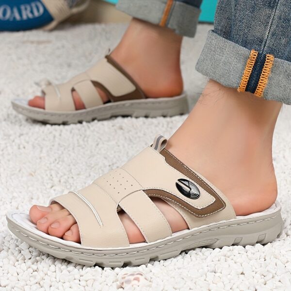 COMFIDAILY Men's Slip-On Sandals - Quick-Dry Non-Slip Beach Shoes, Lightweight Indoor/Outdoor Slippers with Cushioned PU Sole - Beige/White Accents for Pool, Bathroom, Travel - All-Season Slip-Ons for Men, Sleek Strap Design, Durable Footbed Support - Image 10
