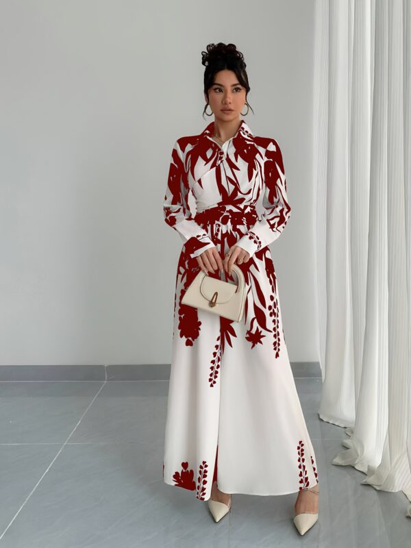 Women's leaf print shirt collar jumpsuit, long sleeve tie waist jumpsuit - Image 10