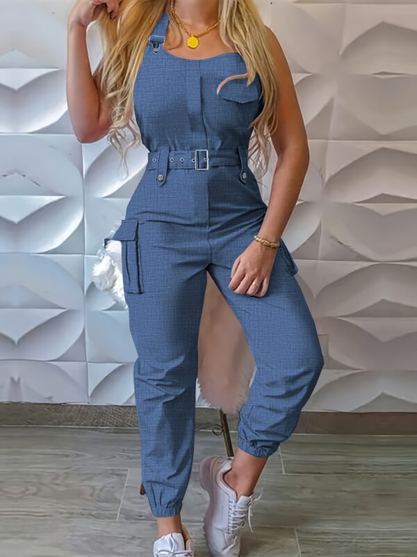 Solid Flap Pocket Cargo Jumpsuit, Casual Sleeveless Belted Flap Detail Jumpsuit, Women's Clothing - Image 2