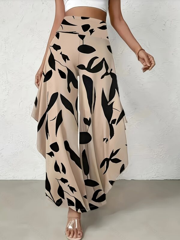 Women's Casual Loose-Fit Abstract Leaf Print Pants - Black & Beige, Medium Stretch, Machine Washable, All-Season Comfort for Casual Attire