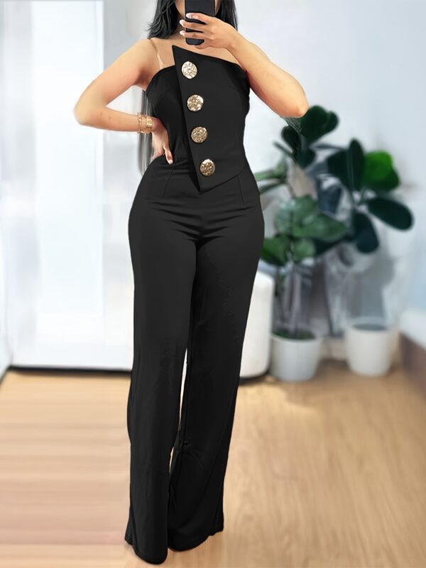 1pc Elegant Women'S One-Piece Jumpsuit with Asymmetric Metallic Buckle Detail, Casual Strapless Polyester Knit Bodysuit, All-Season Solid Color Knitwear - Image 7
