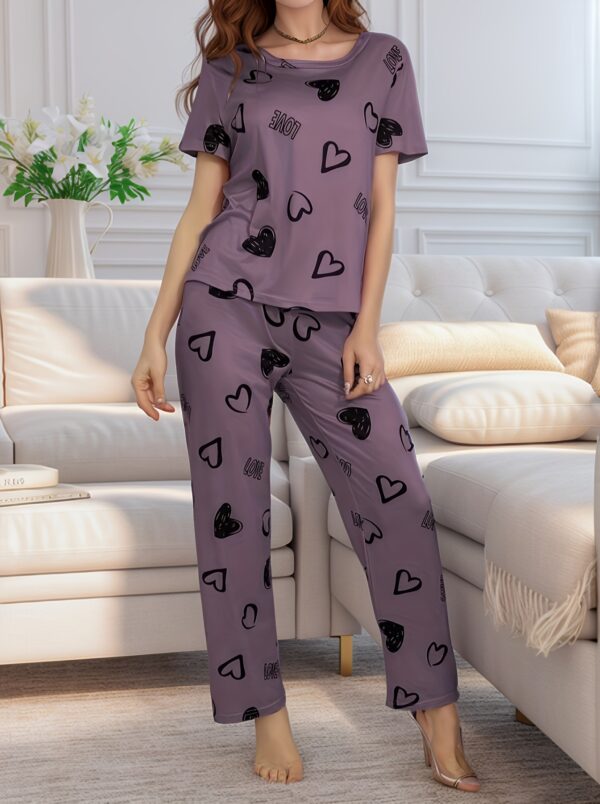 Women'S Short Sleeve Pajama Set with Love and Bow Pattern, Casual Home Wear - Image 7
