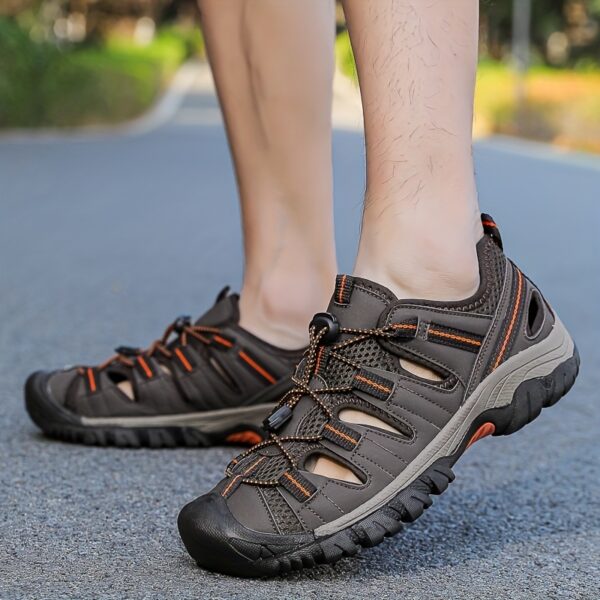 Men'S Breathable Mesh Summer Sandals - Casual Slip-On with Buckle Closure, Black & Orange Striped Design, Rubber Sole for Hiking, Beach & Outdoor Activities, Beach Sandals | Buckle Strap Sandals | Breathable Upper Sandals - Image 3