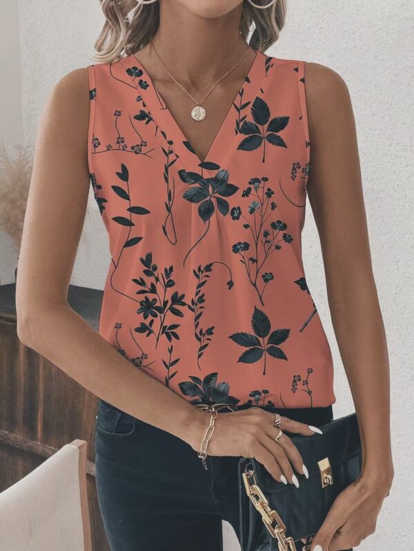 Women'S Elegant V-Neck Sleeveless Blouse with Vibrant Coral Floral Print - Casual Chic Top for Spring/Summer/Fall, Polyester Fabric, Perfect for Casual Attire, Ladies Blouses - Image 10
