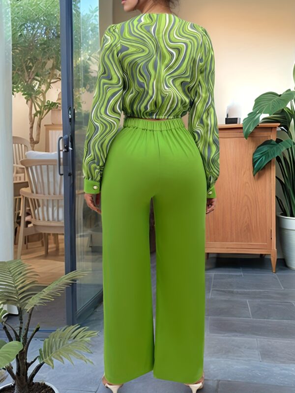 Women's Elegant Lantern Print Long Sleeve Top and High-Waist Pants Two-Piece Set - Image 3