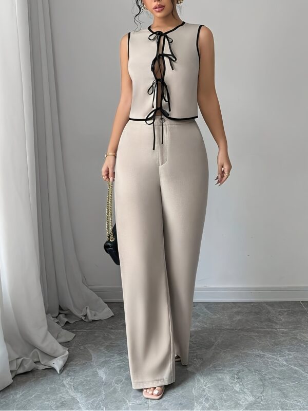 Women'S Casual Two-Piece Set - Sleeveless Top with Lace-up Detail, Wide-Leg Pants, Perfect for Office Commute & Holiday Moments, Office Attire|Casual TwoPiece|Laceup Top, Ladies Casual Wear - Image 6