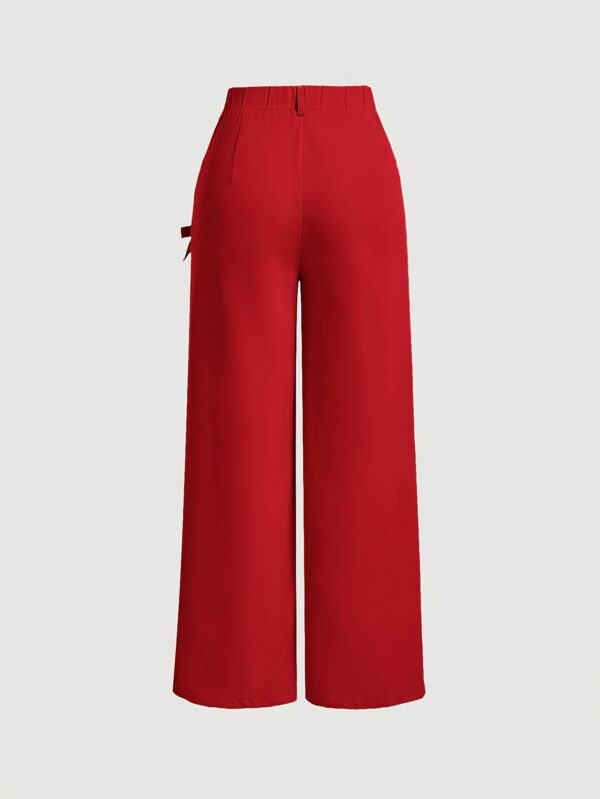 Women's High-Waisted Wide-Leg Trousers - Solid Red Elegant Loose Fit Pants with Bow Accents, Machine Washable All-Season Comfort for Casual & Formal Wear, High Waist Pants, Comfortable Fashion, Durable Fabric - Image 3