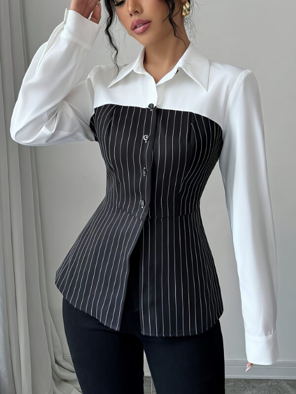 Women's Elegant 2-in-1 Striped Shirt with Classic Collar & Single-Breasted Button Front - Long Sleeve Slim Fit Blouse for Spring Summer Fall, Machine Washable Casual Office Wear, Versatile Fashion | Sophisticated Look | Nontransparent Fabric, Ladies Blouses - Image 3
