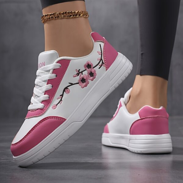 Women'S Floral Embroidered White Sneakers - Low-Top Lace-Up Casual Shoes with Pink Accents, Breathable Fabric Lining & Cushioned PHYLON Sole for All-Season Comfort, Running, Travel, Casual Attire, Ladies Sneakers, Travel Footwear, Elegant Footwear, Durable Footwear - Image 2