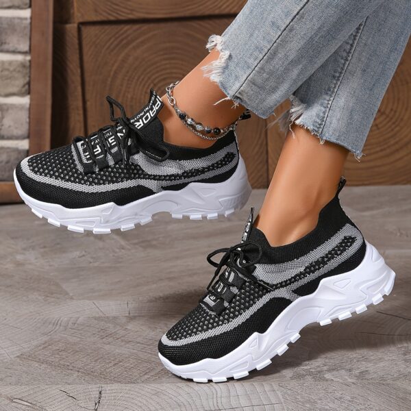 Women's Fashion Breathable Mesh Sneakers - Comfortable Low-Top Casual Lace-Up, Thick Sole Sneakers in Black/White, Beige/Grey, and Blue/Pink, Geometric Pattern, All-Season Wear - Image 12