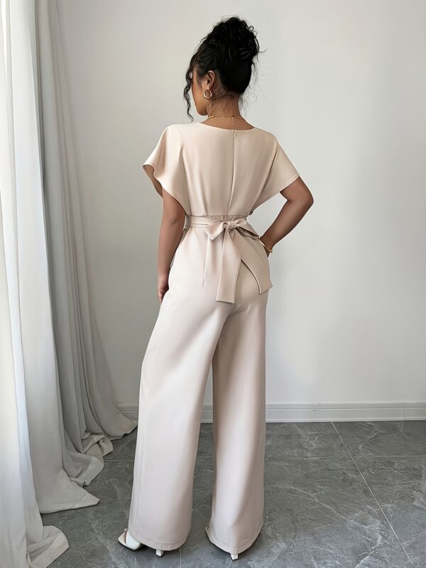 Women's Summer Solid Color Short Sleeve Casual Elegant Waist-Cinched Jumpsuit - Image 2