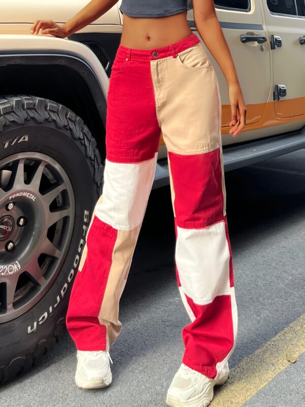 Women'S Streetwear Cargo Pants - Loose Fit, Asymmetrical Color Block Design in Red, Beige & White, Elastic Waistband with Drawstring, Side Pockets, All-Season Casual Wear, Streetwear Fashion | Asymmetrical Design | Elastic Waistband Pants