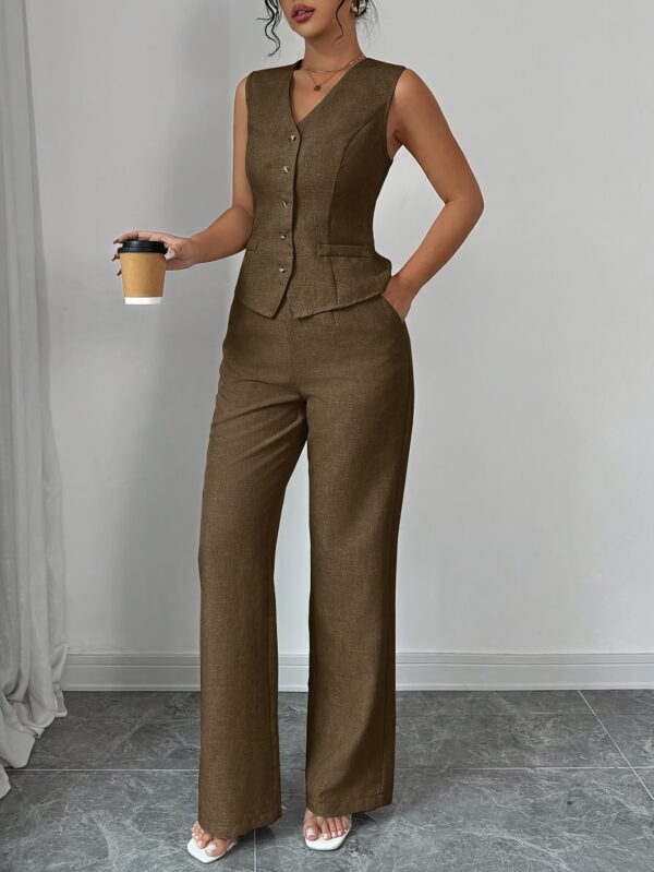 Women'S Elegant Sleeveless V-Neck Waist Tie Front Vest and Straight Leg Pants Set - Solid Color, High-Waisted Wide-Leg Pants with Button Details, Perfect for Spring/Summer Commute or Casual Outings, Versatile Fashion | Sleek Modern Look | Button Detailing - Image 7