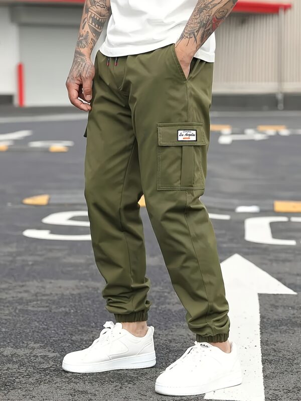 Men'S Casual Solid Color Cargo Pants, Multi-Flap Pocket Drawstring Trousers, Loose Fit Outdoor Work Pants, Streetwear Hip-Hop Style, 100% Polyester, Non-Stretch Woven Fabric, 190gsm - Regular Fit - Image 2