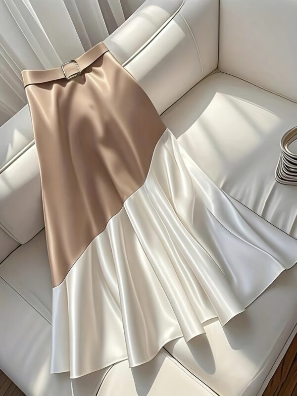 Elegant Women'S Summer Skirt with Belt - Chic Color Block Design, Flowy Polyester Skirt for Casual or Dressy Occasions, Cute Skir
