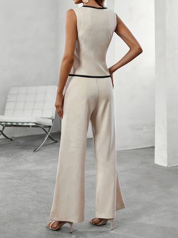 Elegant Women'S Sleeveless Blouse and Pants Set with Contrast Stitching - Beige, Fake Pocket Detail, Spring/Summer Fashion, Stylish High Heel Sandals, Stylish Attire|Minimalist Style|Contrast Stitch Detail - Image 2