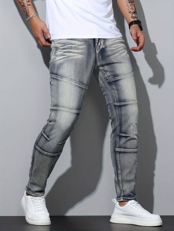 Men's Blue Stretch Denim Jeans - Regular Fit Streetwear Style with Mid-Stretch Comfort, Machine Washable, All-Season Casual Pants for Urban Fashion, Comfortable Fashion - Image 2