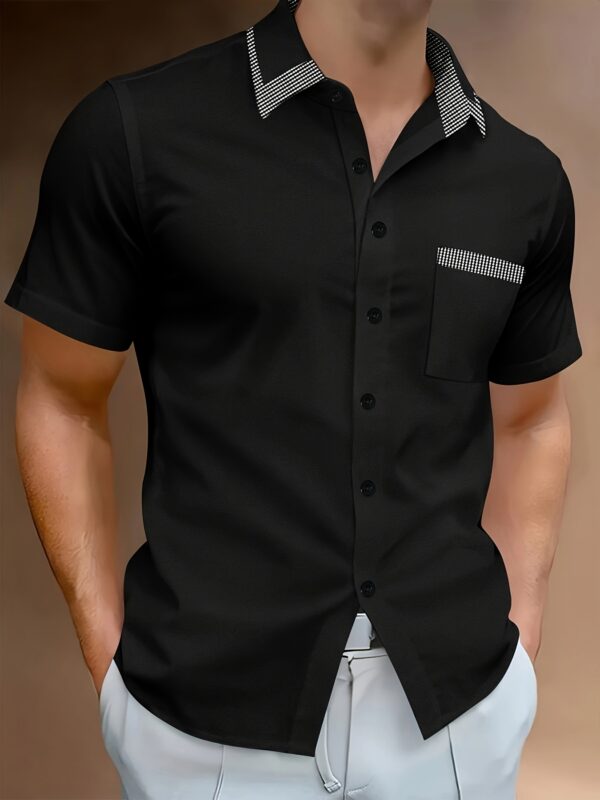 Men's Slim Fit Lightweight Business Casual Shirt with Collar, Short Sleeves, and Chest Pocket - Summer Wear in Beige with Gray Accents - Image 6