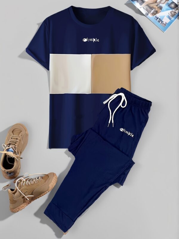 Men'S Casual Color-Blocked Short-Sleeve Round-Neck Loungewear Set with Long Pants