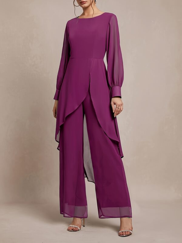 Women'S Elegant Two-Piece Set: Stylish Purple Off-Shoulder Blouse with Flowing Sleeves, Wide-Leg Pants, and Chic Accessories - Perfect for Fall, Versatile Fall Outfit|Elegant Two-Piece Set|Polyester Fabric - Image 14