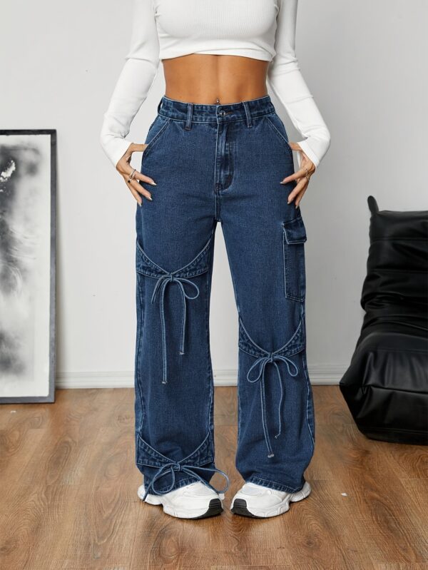 Women'S Casual Straight-Leg Denim Jeans with Adjustable Bow Tie Waist, Loose Fit Wide-Leg Pants, Non-Stretch Fabric, Spring/Fall Season, Casual Wear Jeans | Relaxed Fit Jeans | Nonstretch Fabric - Image 7