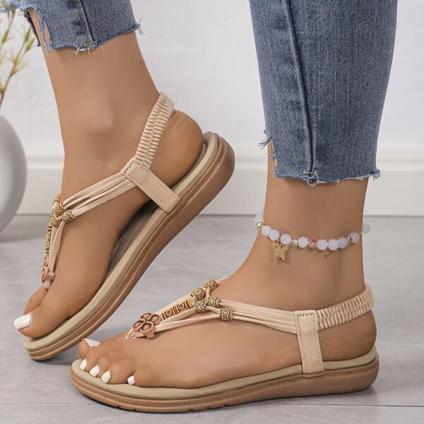 Women's Elegant Boho Chic Flat Sandals - Elastic T-Strap Slippers, Open Toe, White Braided Design, Comfortable for Casual Wear, Strappy Sandals - Image 13