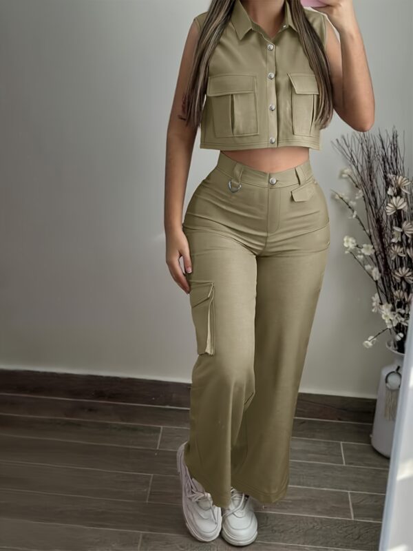 Stylish Solid Color Pocketed Collar Jacket/High Waist Loose Wide Leg Pants Casual Slim Fit Set