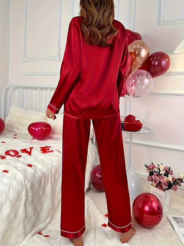 Simple Solid Satin Lounge Set, Long Sleeve Buttons Lapel Top & Elastic Pants, Women's Loungewear - Image 8