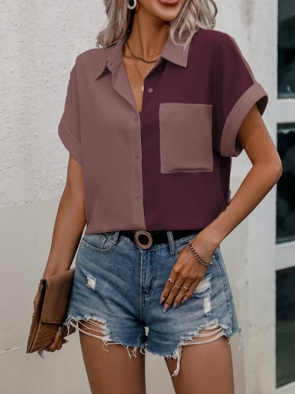 Women's Elegant Contrast Color Button-Up Shirt - Lightweight 100% Polyester Short Sleeve Top with Chest Pocket, Machine Washable for Spring Summer Fall Casual & Semi-Formal Wear, Casual Summer Wear | Elegant Buttonsup | Durable Polyester - Image 7