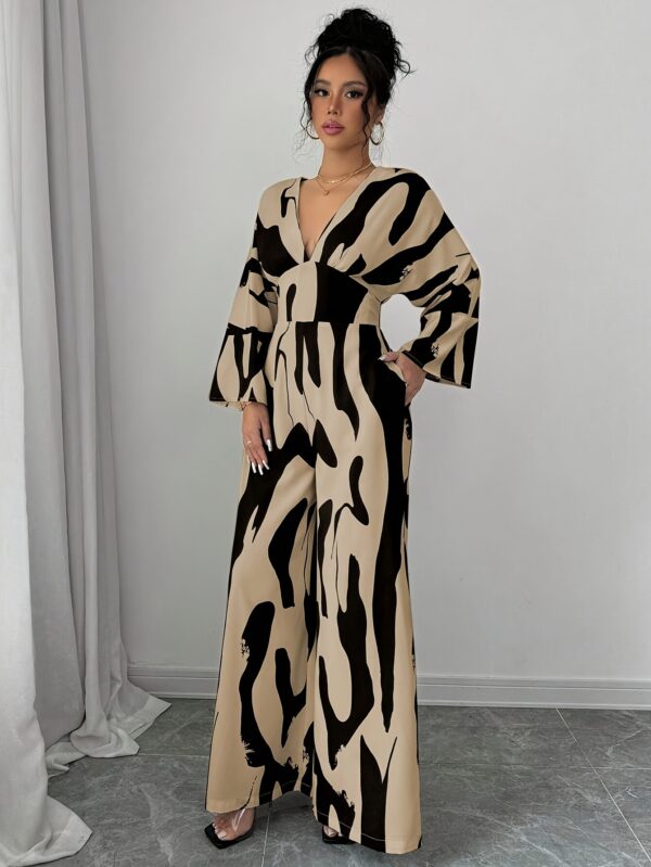 Women'S Elegant Black and White Abstract Print Jumpsuit - V-Neck, Long Sleeve, Wide Leg, Casual Party Wear for Spring/Summer, Casual Party Attire|Vneck Jumpsuit|Polyester Fabric - Image 5