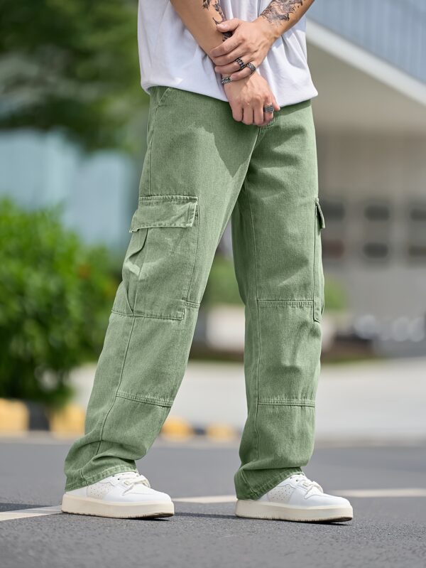1pc Men'S Casual Cargo Denim Pants, Solid Color, Loose Fit, Non-Stretch, All-Season, Regular Length, Washed Detail, Woven Fabric - Multi-Pocket Design - Image 7
