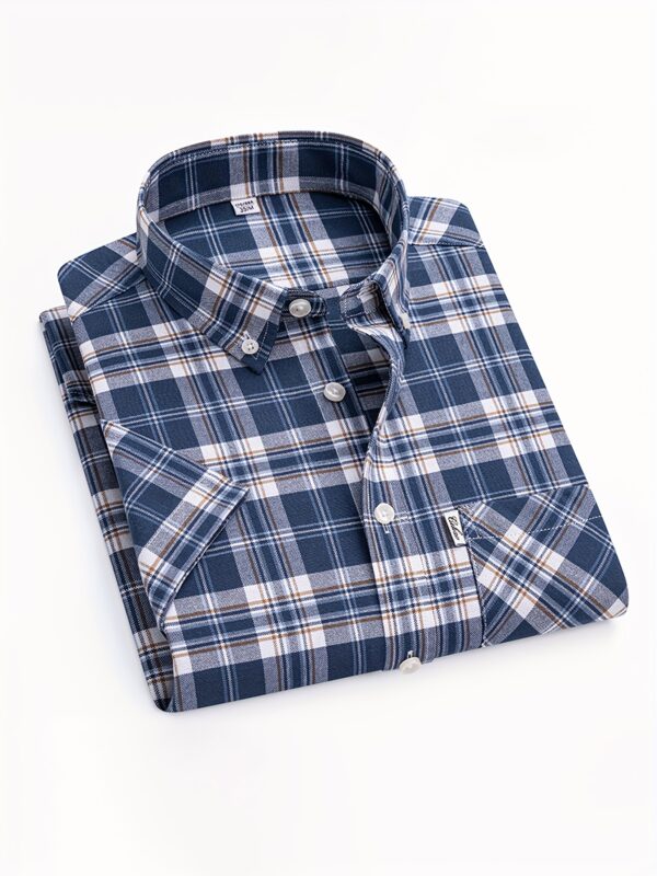 1pc Men'S Cotton Plaid Short Sleeve Shirt - Summer Casual Business Casual with Chest Pockets, Durable & Comfortable, Non-Stretch Fabric, Regular Fit, Blue/White/Orange/Black Checkered Pattern, Perfect for Weekend Outings, Casual Summer Wear | Checkered Pattern Shirt | Comfortable Fit Shirt