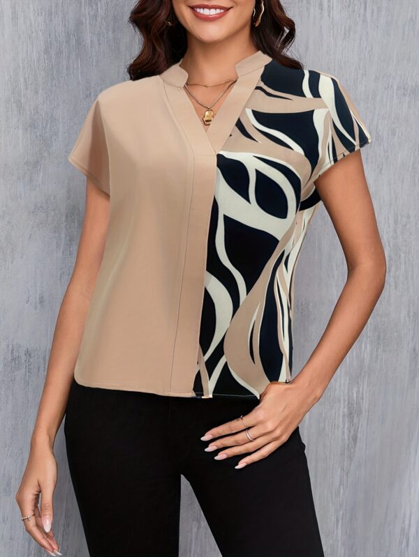 Women's Elegant Geometric Print Contrast Color Block Summer Shirt - Stand Collar Relaxed Fit Lightweight Non-See-Through Blouse for Casual & Office Wear, Short Sleeve Blouse, Versatile Top, Modern Fashion, Durable Material, Working Professionals - Image 3