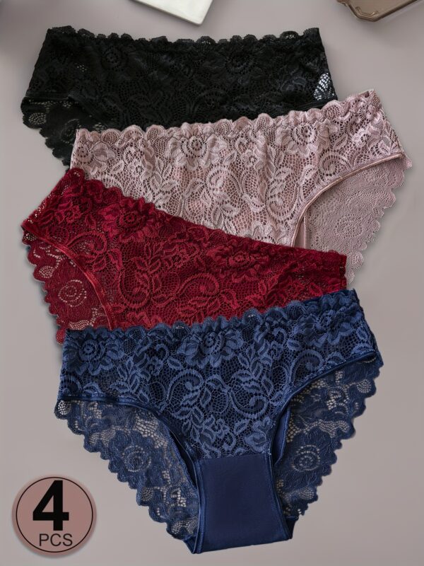4pcs Women'S Sexy Jacquard Lace Panties - Breathable & Comfortable Mid-Rise Briefs with Floral Pattern, Lace Trim, And Zipper Detail (Pink, Blue, White, Black), Comfortable Underwear | Floral Jacquard Design | Delicate Lace Fabri - Image 2