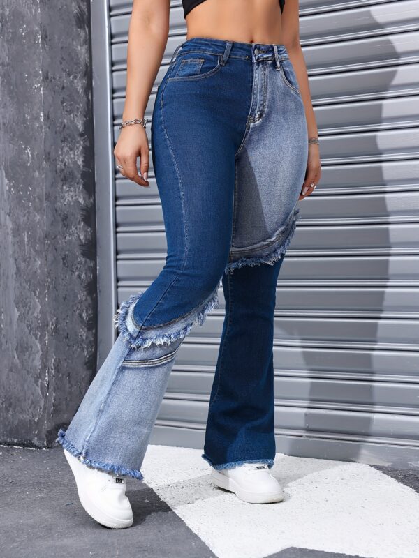 Women's High-Waisted Flare Leg Jeans with Color Block Frayed Stitch Detail - Street Style Denim in Cotton Blend, Medium Stretch, Solid Color for All Seasons - Image 9