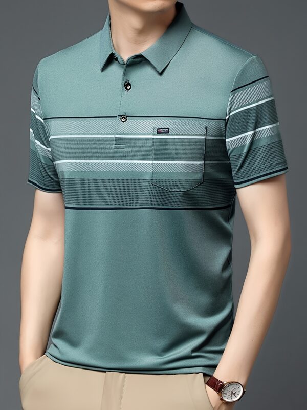 3pcs Men'S Summer Stripe Polo Shirts - Breathable Knit Fabric, Casual Short Sleeve Tees with Button Details, Sporty Dad Style for Business & Leisure - Image 5