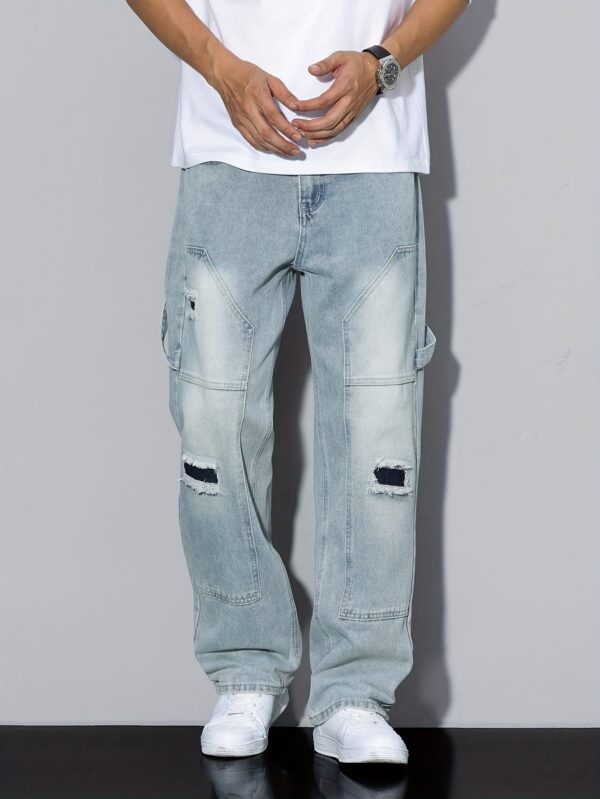 Men's high-end retro ripped patchwork light-colored jeans, perfect for all seasons, worth having. - Image 5