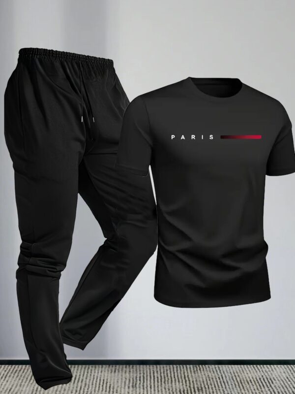 Men's Letter Print Short Sleeve Long Pants Loungewear Set - Image 10