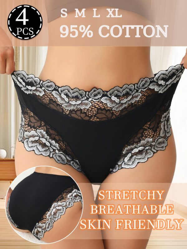 4-pack Women's mid-rise briefs, elegant lace flower design, breathable and lightweight, Cotton comfortable stretch briefs, sizes S-XL - Image 5