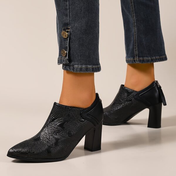 Women'S Black Wingtip Pointed-Toe High Heel Pumps with Side Zipper - Chunky Heel Dress Shoes for All Seasons, Versatile & Comfortable, Allseason Shoes | Wingtip Shoes | Synthetic Cover Shoes - Image 7