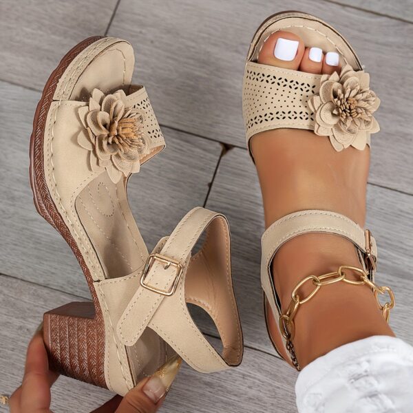 Women’s Floral Wedge Sandals - Peep Toe, Ankle Strap Platform Shoes with 7.62-10.16 cm Heel Brown, Blue & Black - Comfortable Summer Footwear for Casual or Outdoor Wear - Image 3