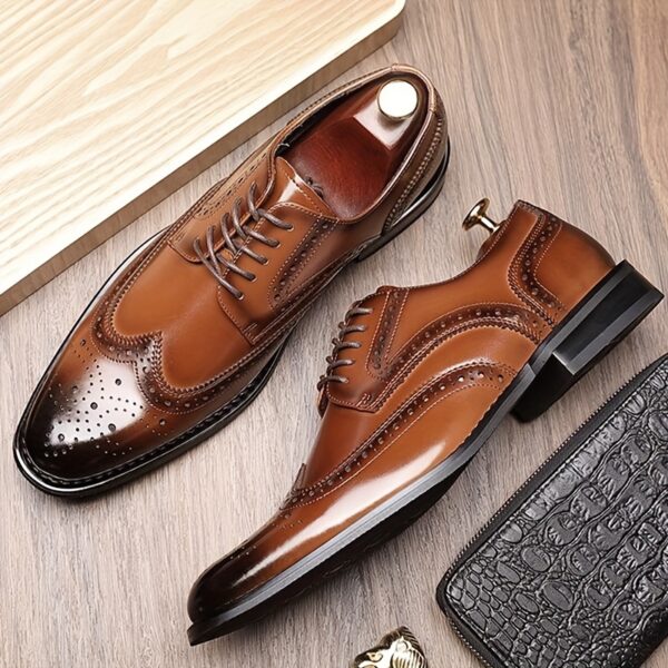 Men's Split Cow Leather Upper Wingtip Brogue Toe Oxford Shoes, Comfy Non Slip Casual Durable Formal Shoes, Men's Footwear - Image 2