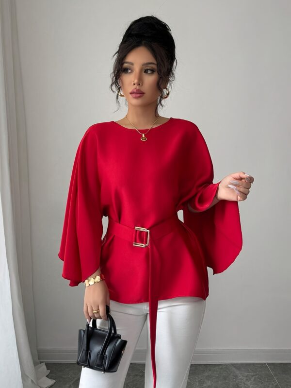 Women's French Style Batwing Sleeve Blouse with Adjustable Waist Tie - Shiny Red Round Neck Loose Fit Top, Machine Washable Elegant Shirt for Spring/Summer Casual & Formal Wear, Summer Fashion, Frenchinspired Design, Nontransparent Fabric - Image 4