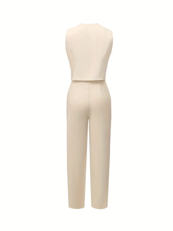 Elegant Beige Sleeveless Office Suit for Women - Chic Pants and Vest Combo with Button Details, Perfect for Summer Commute, Office Attire|Sleek Formal Attire|Smooth Texture Fabric - Image 2